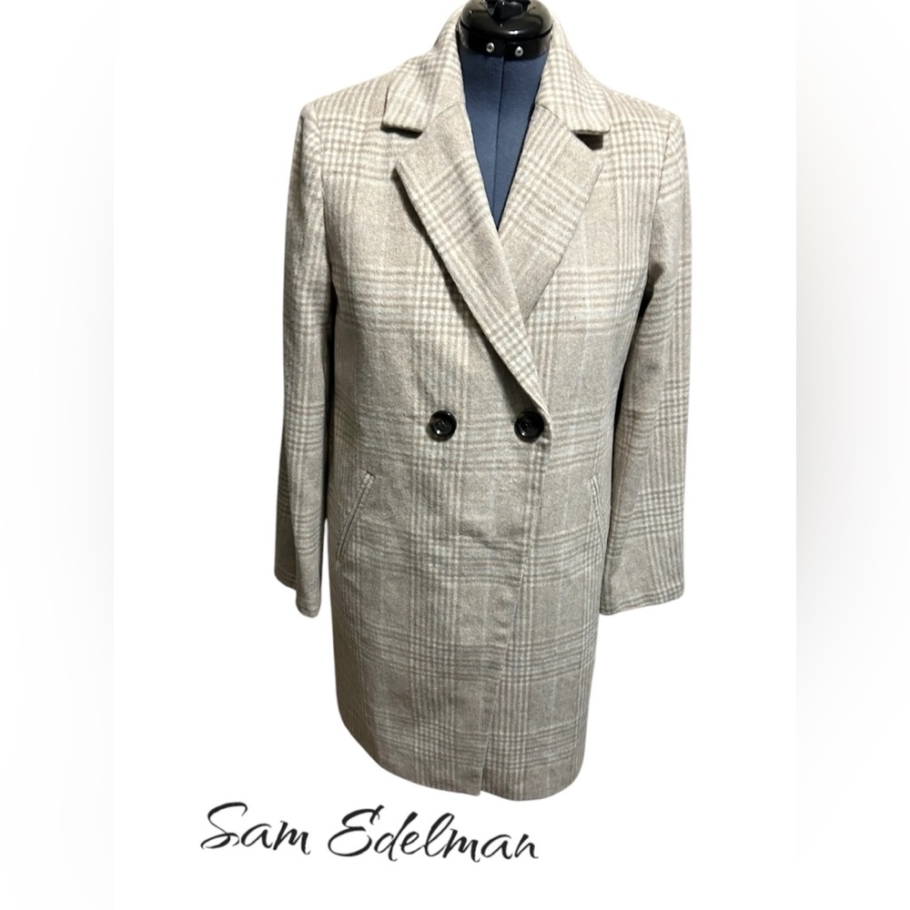 Sam Edelman Double Breasted Notch Collar Cutaway Plaid Coat